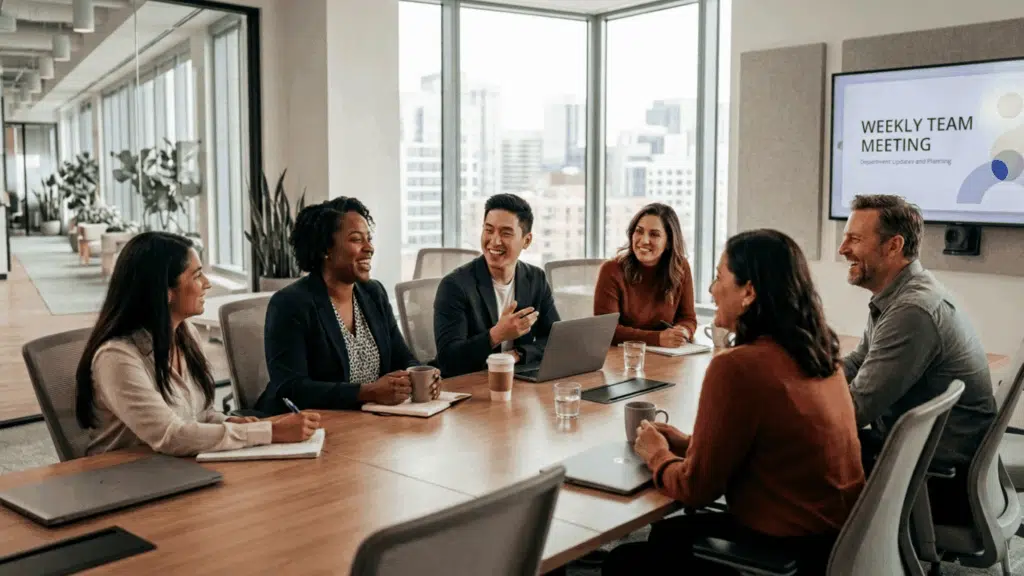 team members smiling and talking around a conference table during a weekly meeting in a bright modern office workspace