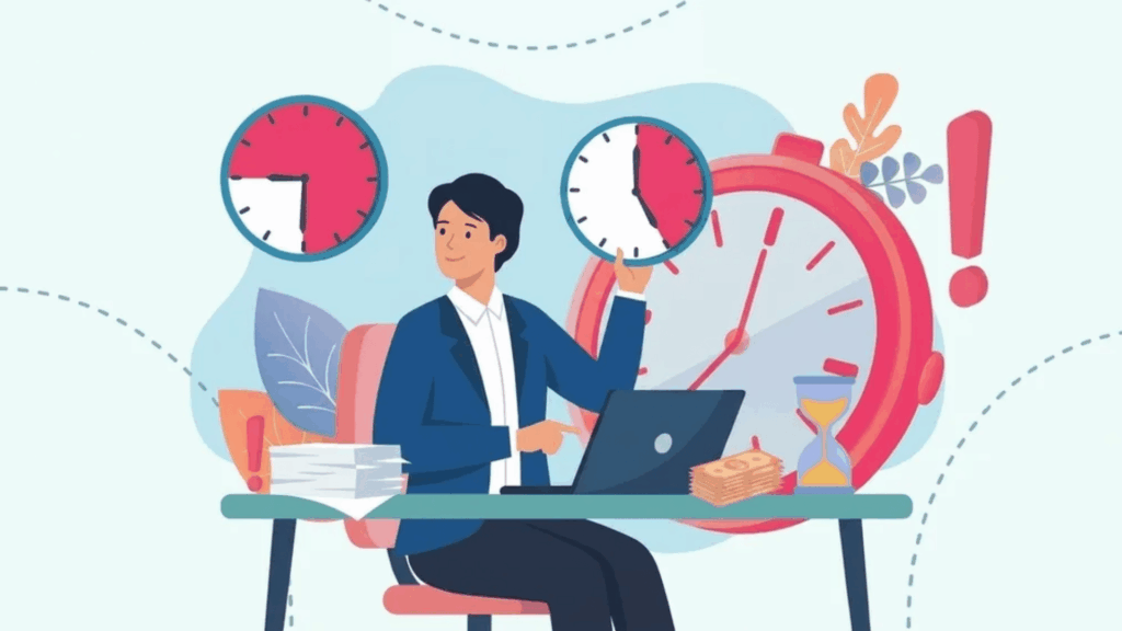 illustration-of-a-worker-managing-part-time-hours-with-clocks-laptop-papers-and-time-symbols