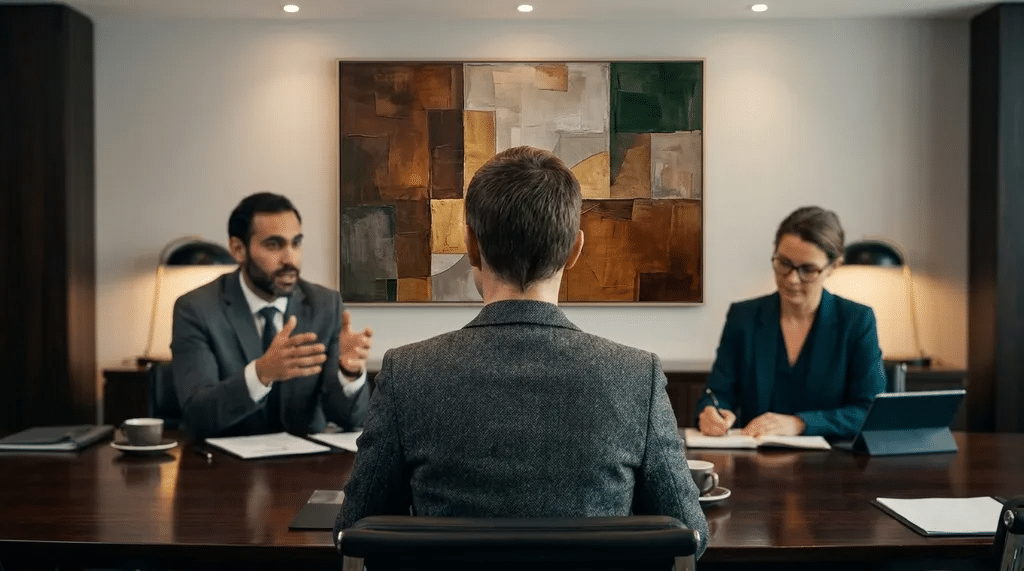 Two interviewers seated across a table speaking with a candidate viewed from behind in a formal office meeting room.