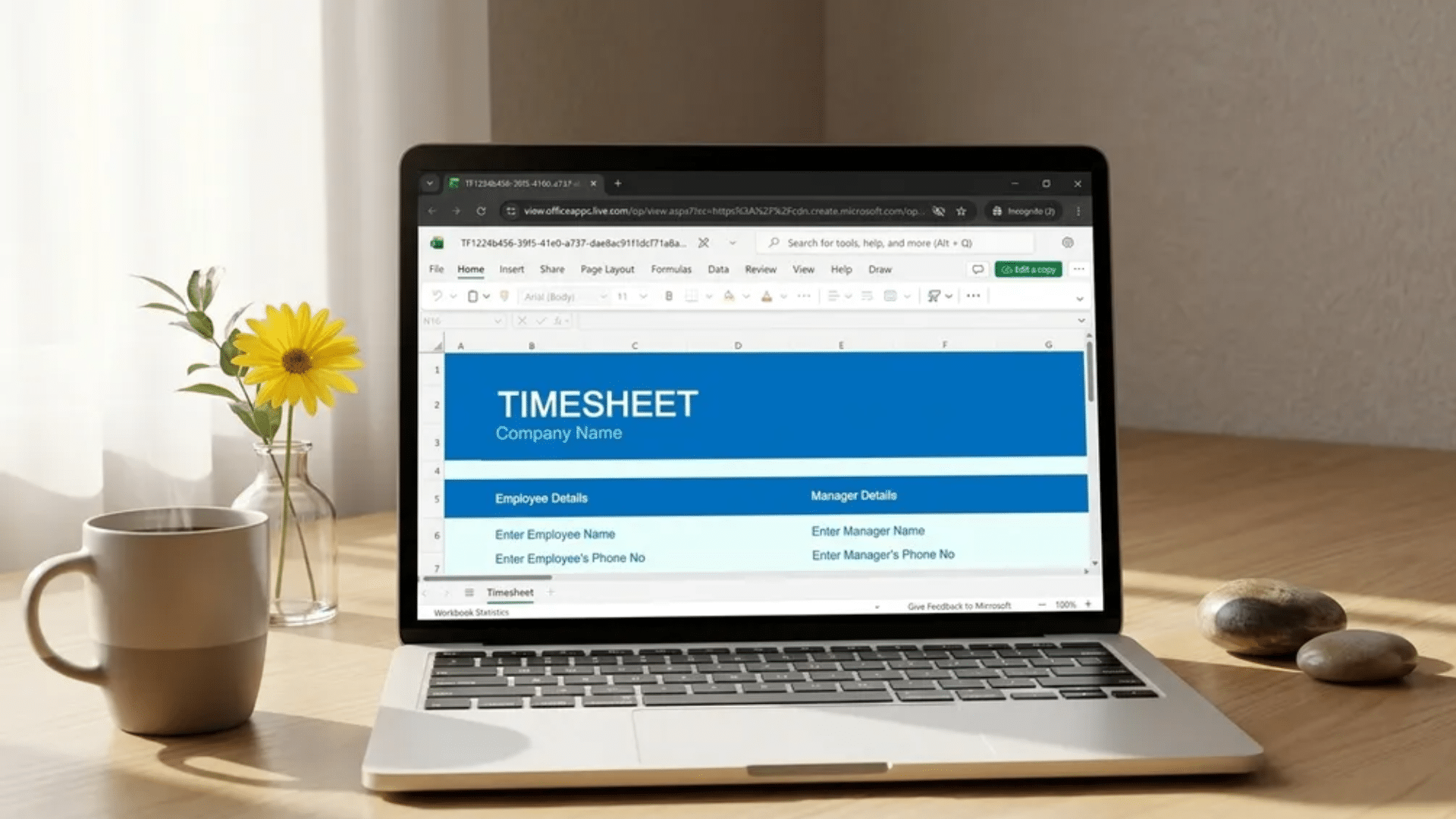 Laptop on a wooden desk displaying an timesheet template excel on screen, with a coffee cup and small vase beside it.