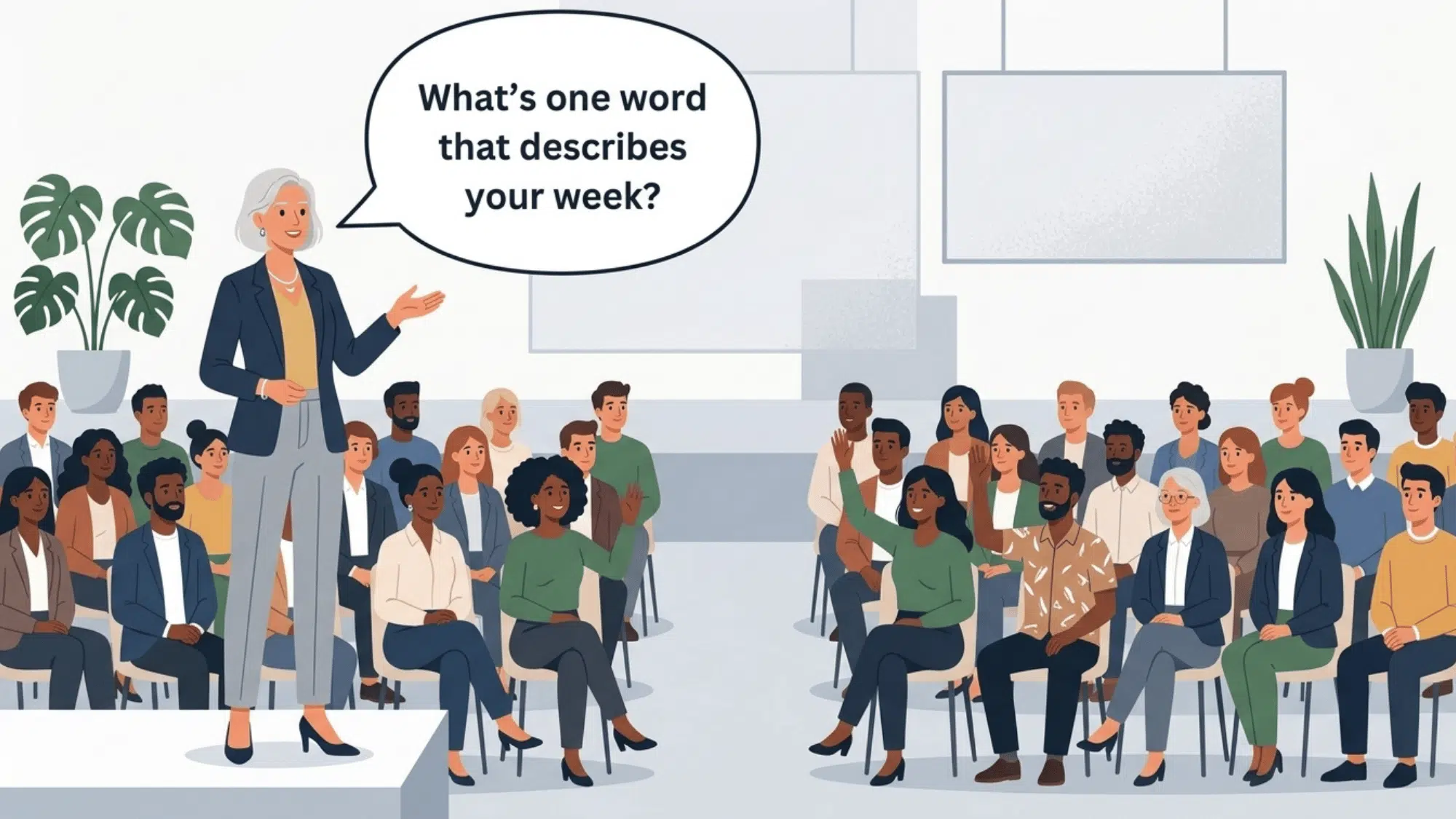 presenter asks attendees to describe their week in one word during a large workplace gathering