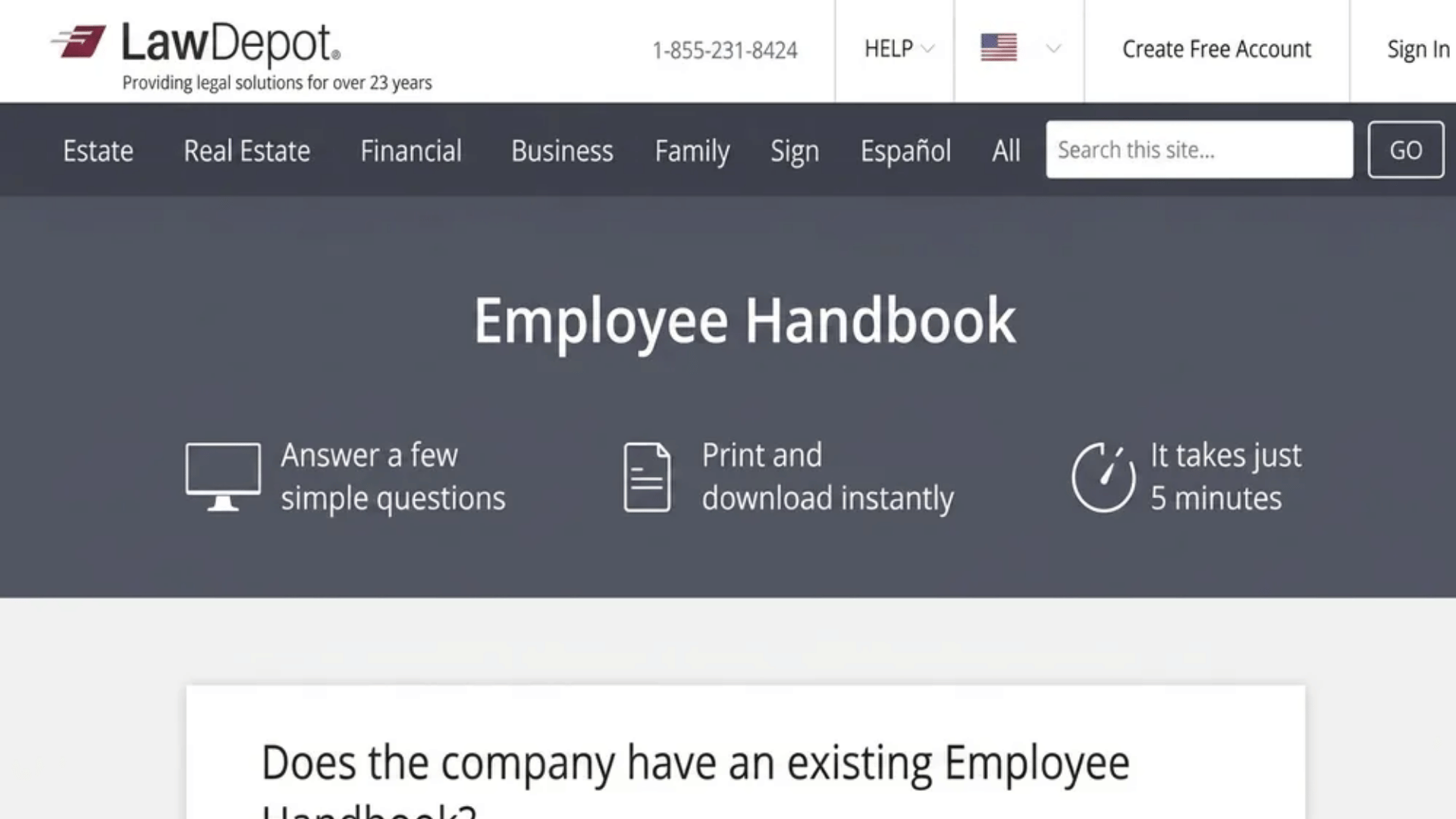 LawDepot employee handbook generator page showing questionnaire-based setup with “Employee Handbook” header and options to create and download a document.