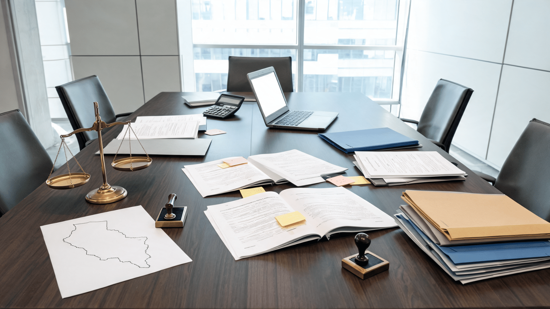 Documents, laptop, folders, calculator, legal scales, and stamps on a conference table.