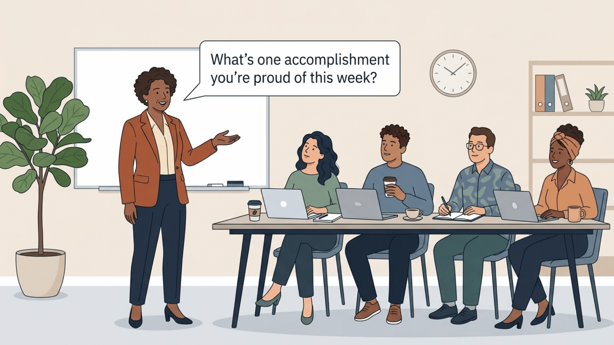 woman asks teammates about a weekly accomplishment during a team meeting in a modern office conference room