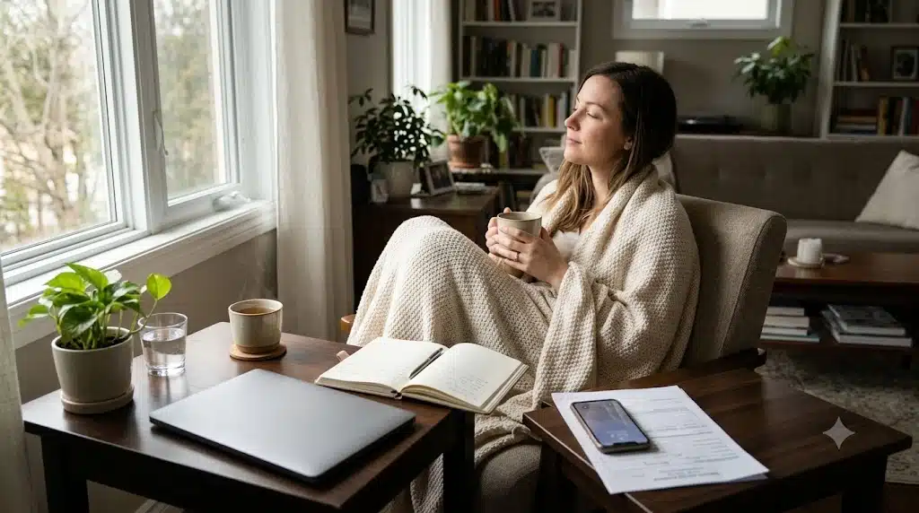employee taking a personal health day with a calm workspace and private wellness setting