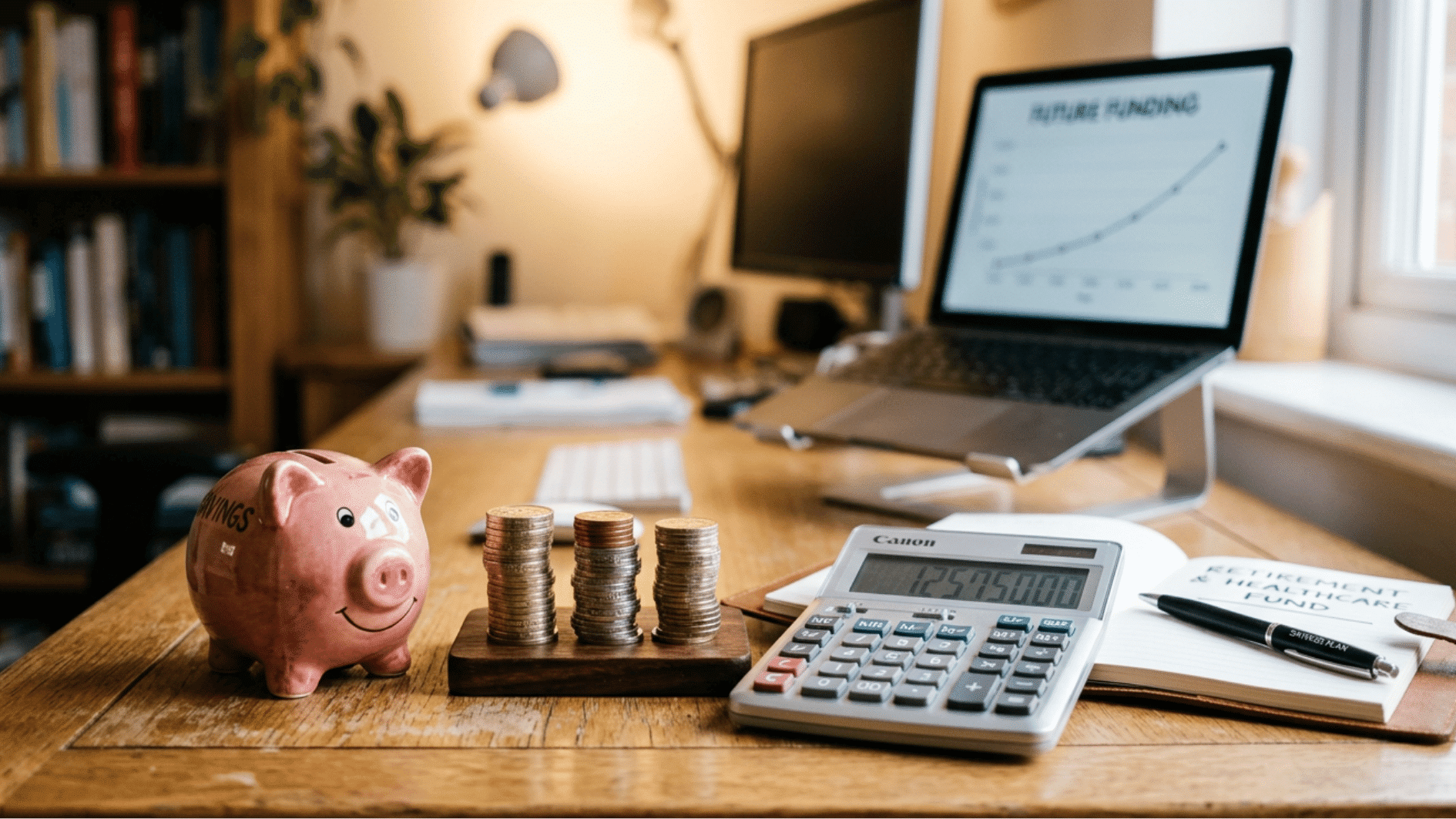 retirement and healthcare savings desk with piggy bank, coins, and calculator