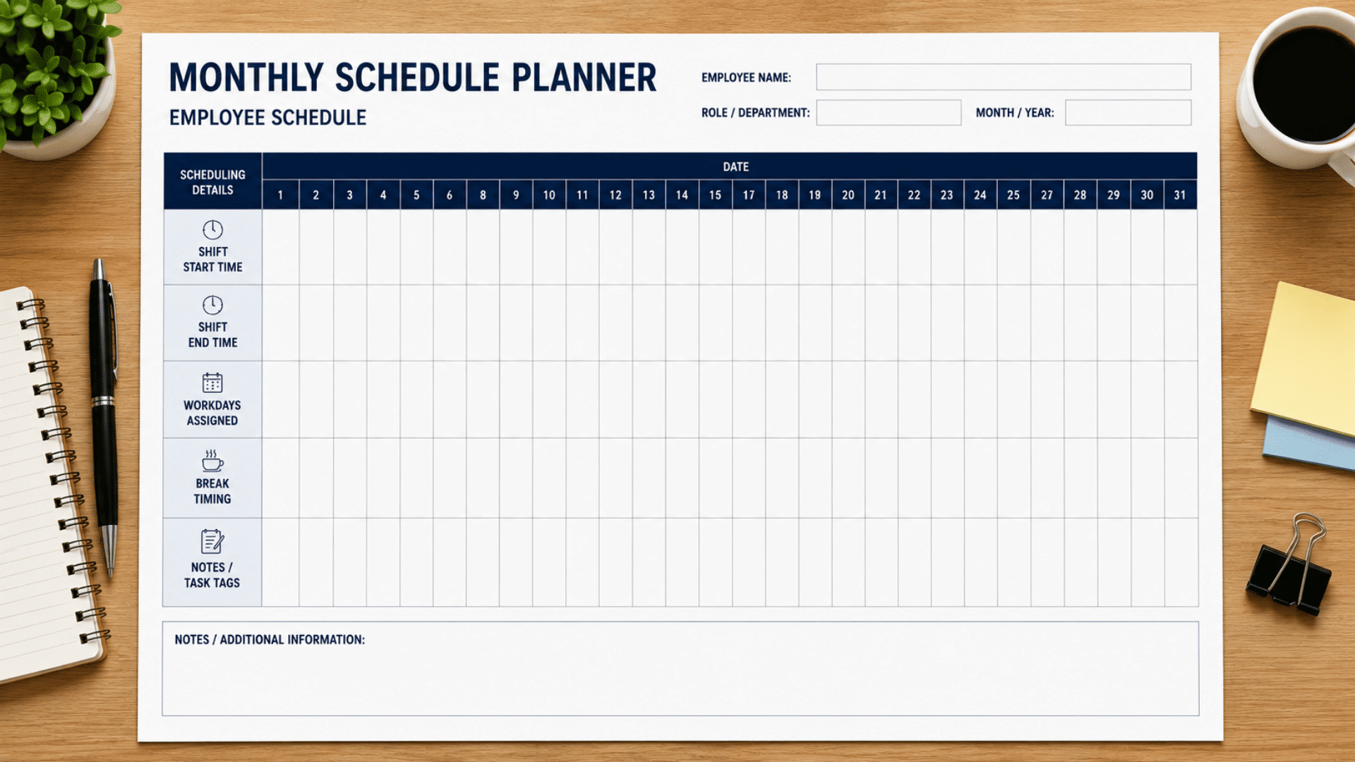 Monthly employee schedule planner template showing a calendar grid for dates, with fields for employee details, shift times, workdays, and notes on a desk.