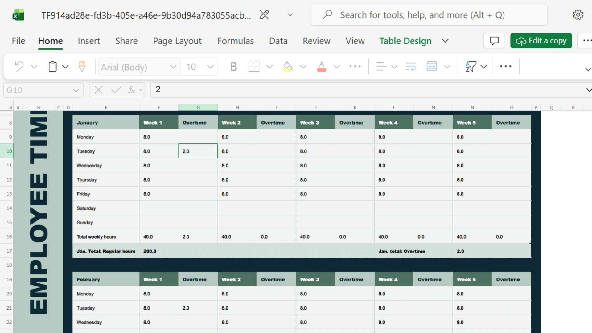 Monthly timesheet template Excel showing weekly hours, overtime columns, and monthly regular hour totals.