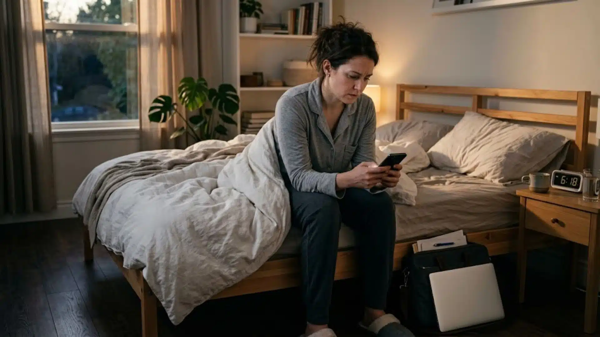 employee checking phone early morning before work to report a same-day sick absence