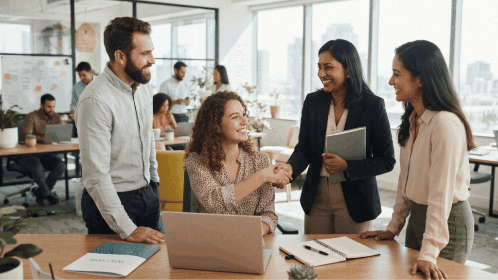 group of employees welcoming new employe in the office, shaking hands.