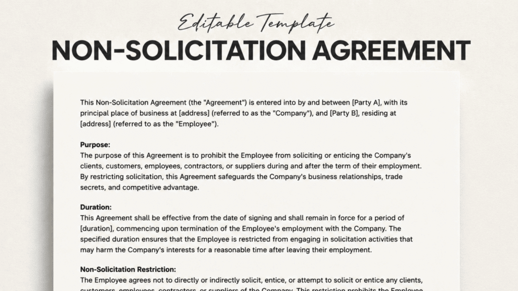 Non-solicitation agreement document with editable template header and sections: purpose, duration, non-solicitation restriction