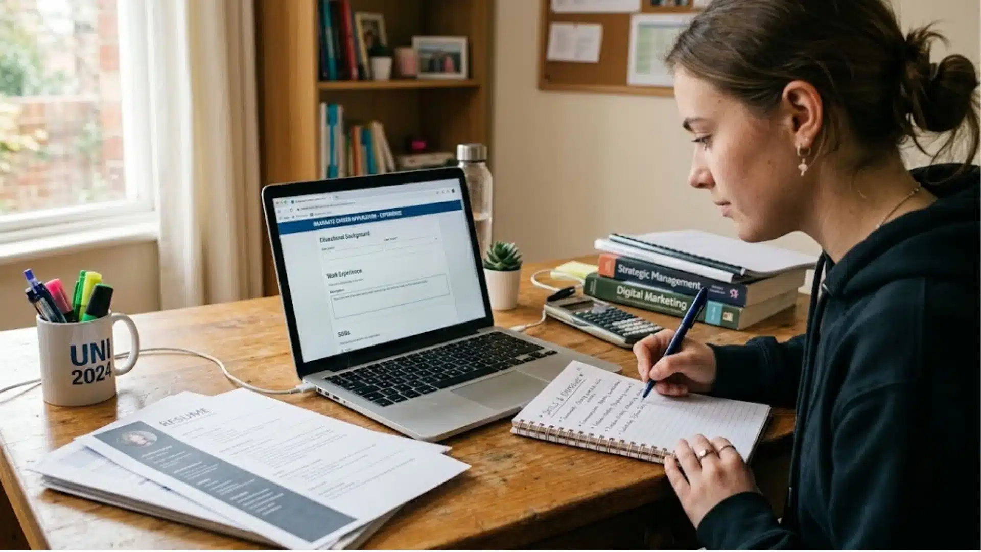student completing online job application with resume and laptop
