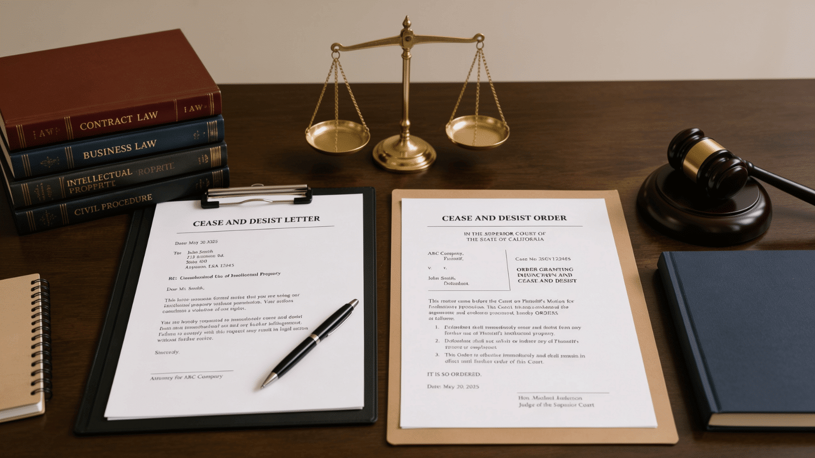 Cease and desist letter and court order documents with legal books, scales, and a gavel on a desk.