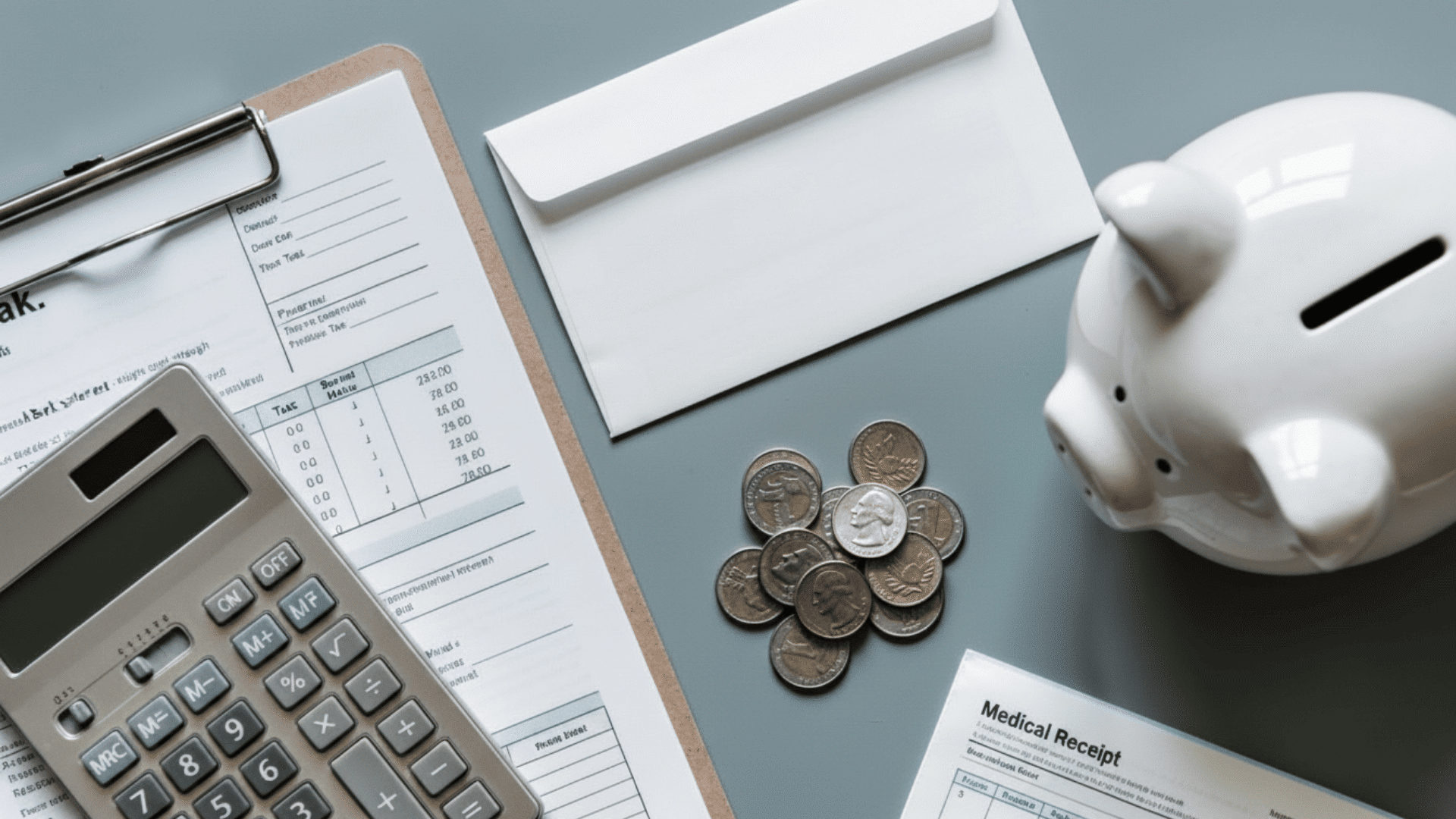 Desk with financial papers, calculator, coins, piggy bank and envelope arranged neatly