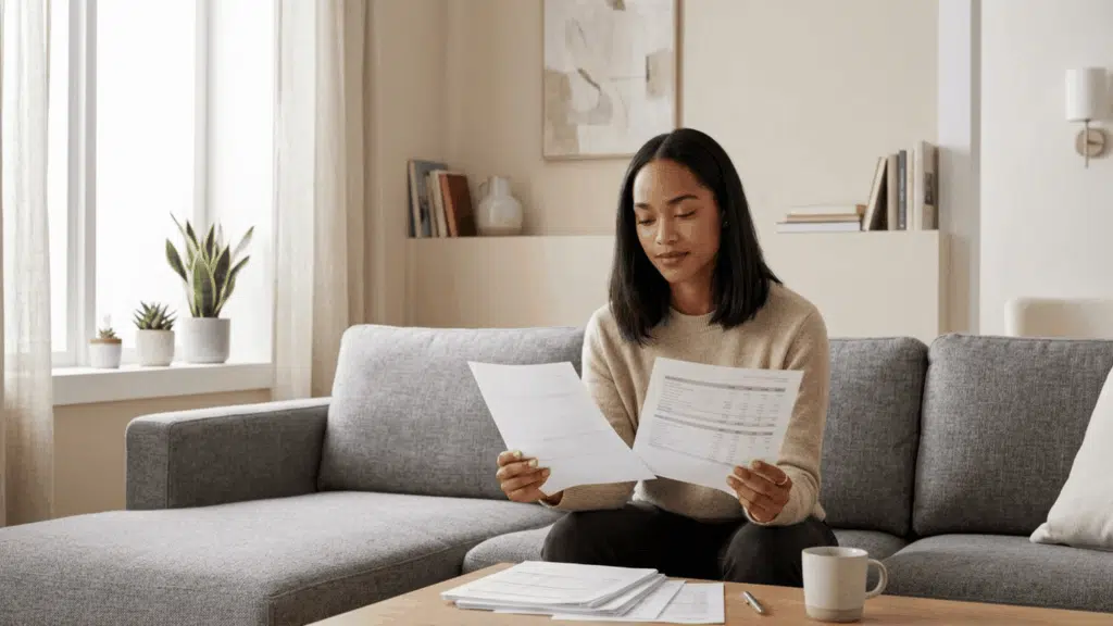 employee reviewing pay stub and payroll documents at home