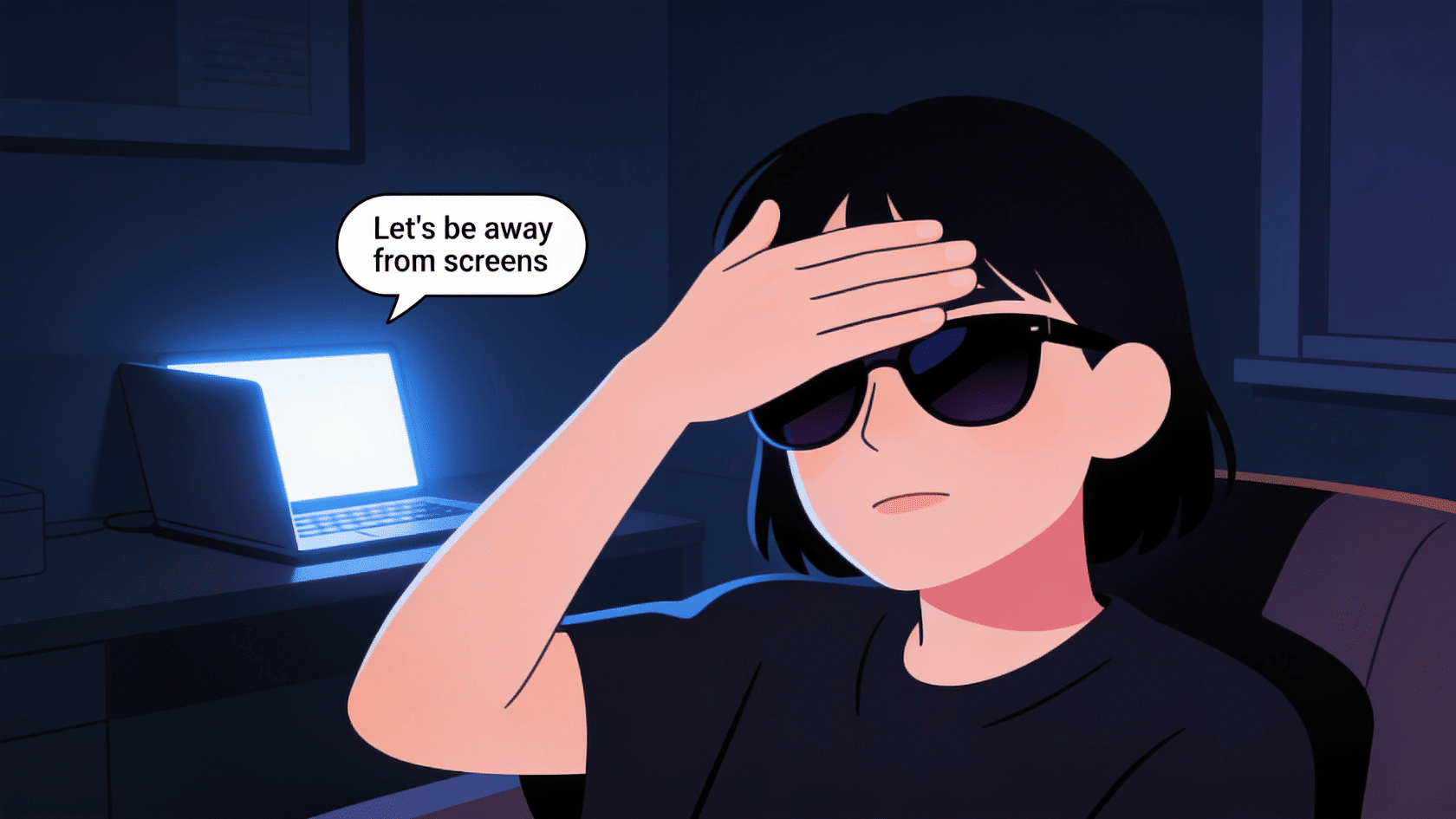 Illustration of a person avoiding screens with a migraine, good excuses to miss work