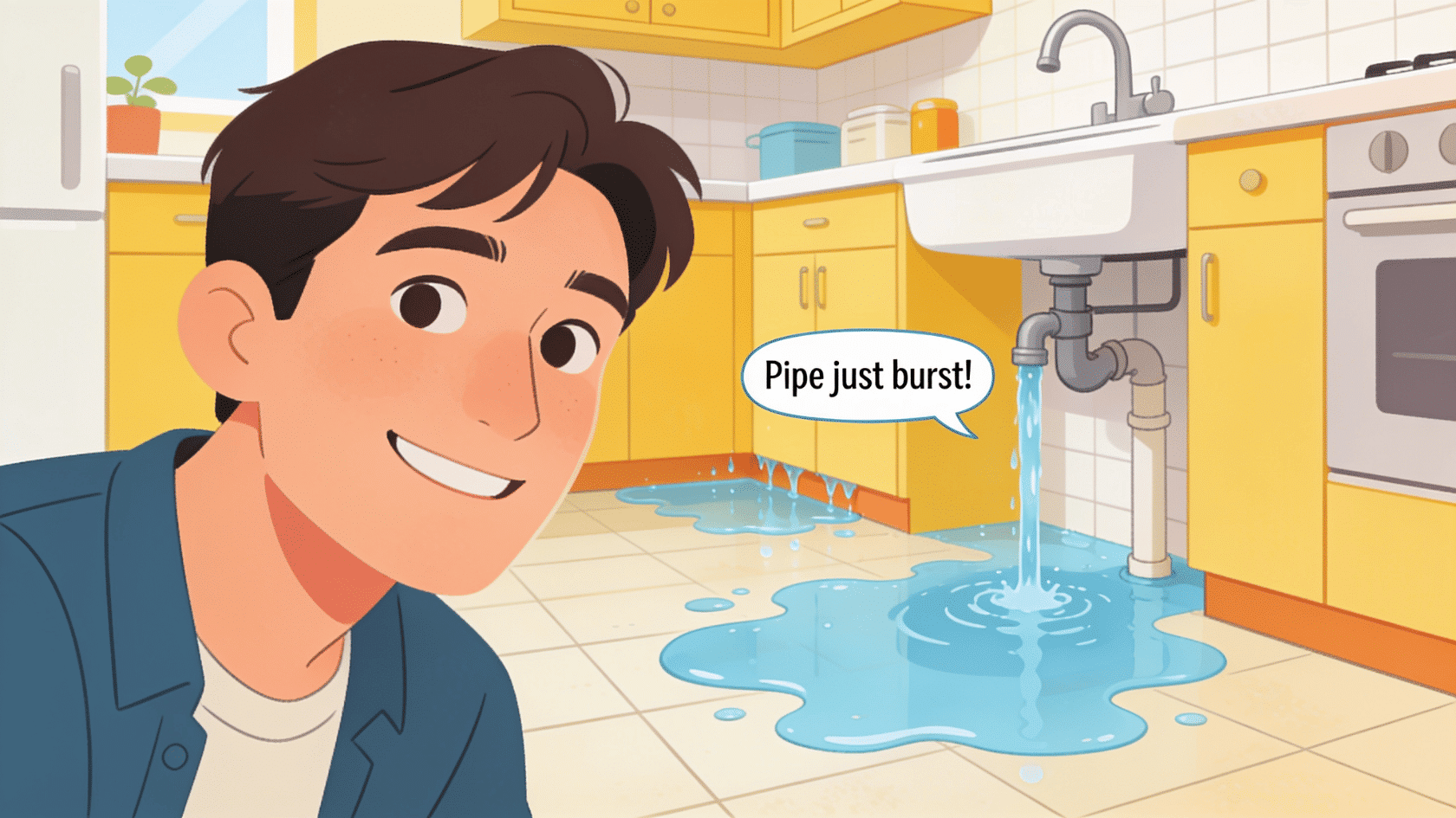 Illustration of a person reacting to a burst pipe, good excuses to miss work