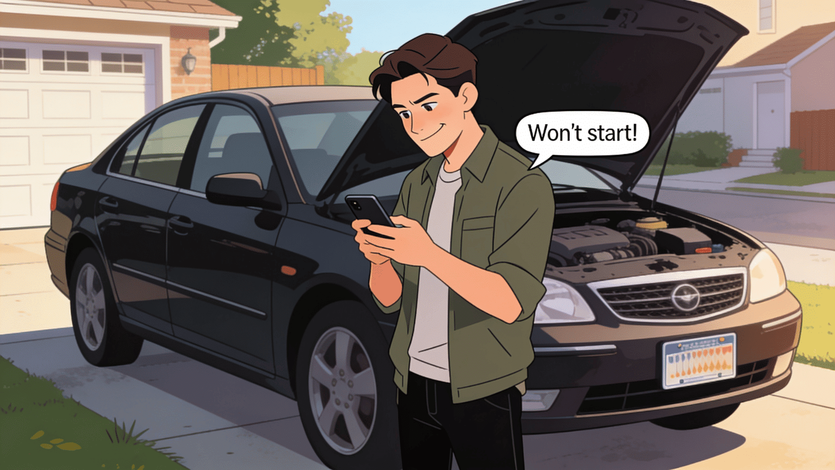 Illustration of a person by a broken-down car, good excuses to miss work