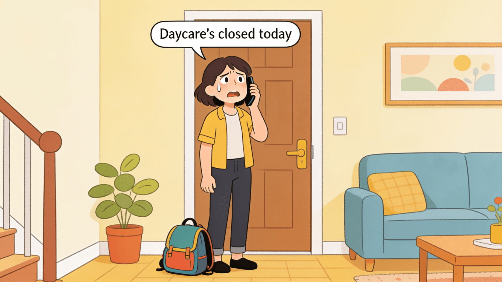 Illustration of a parent reacting to daycare closure, good excuses to miss work