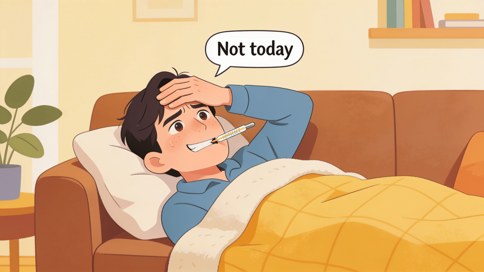 Illustration of a person lying on a couch with a thermometer, saying 