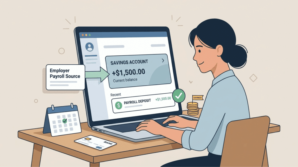 illustration showing a modern banking scenario for direct deposit into a savings account