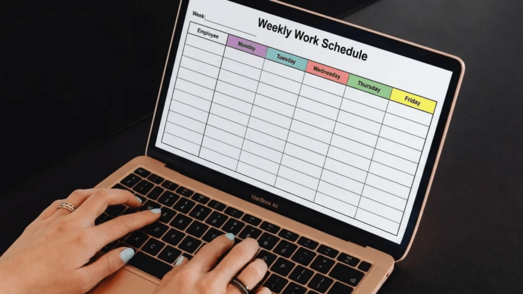 Person typing on a MacBook Air displaying a weekly work schedule template weekday columns and an empty employee roster grid.