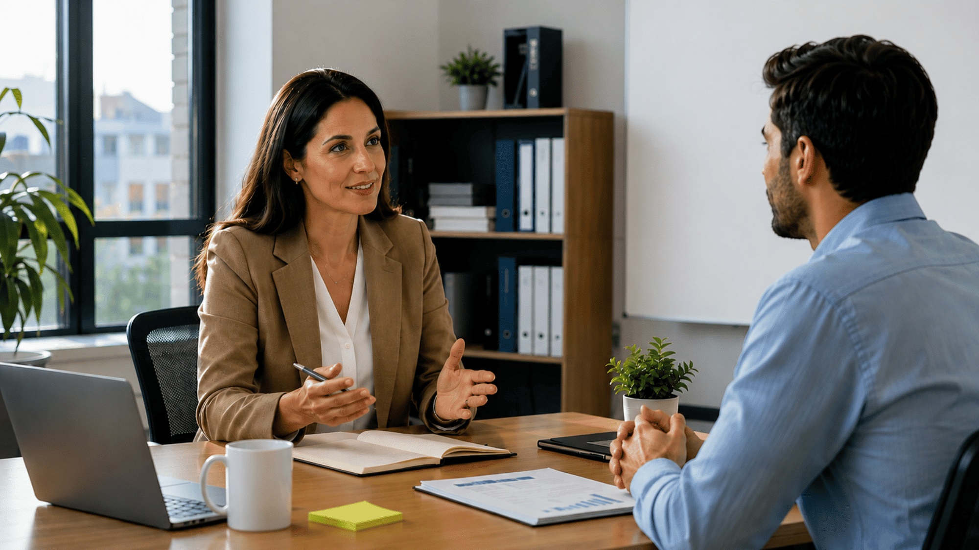 professional manager giving constructive feedback to an employee during a one on one meeting in a modern office workspace