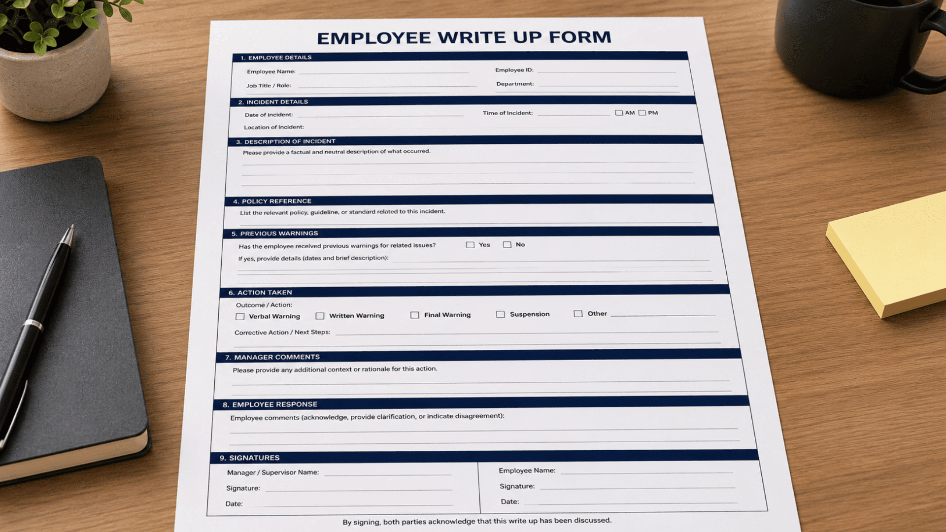 Printed “Employee Write Up Form” placed on a wooden desk with pens, notebook, and office items arranged around it.