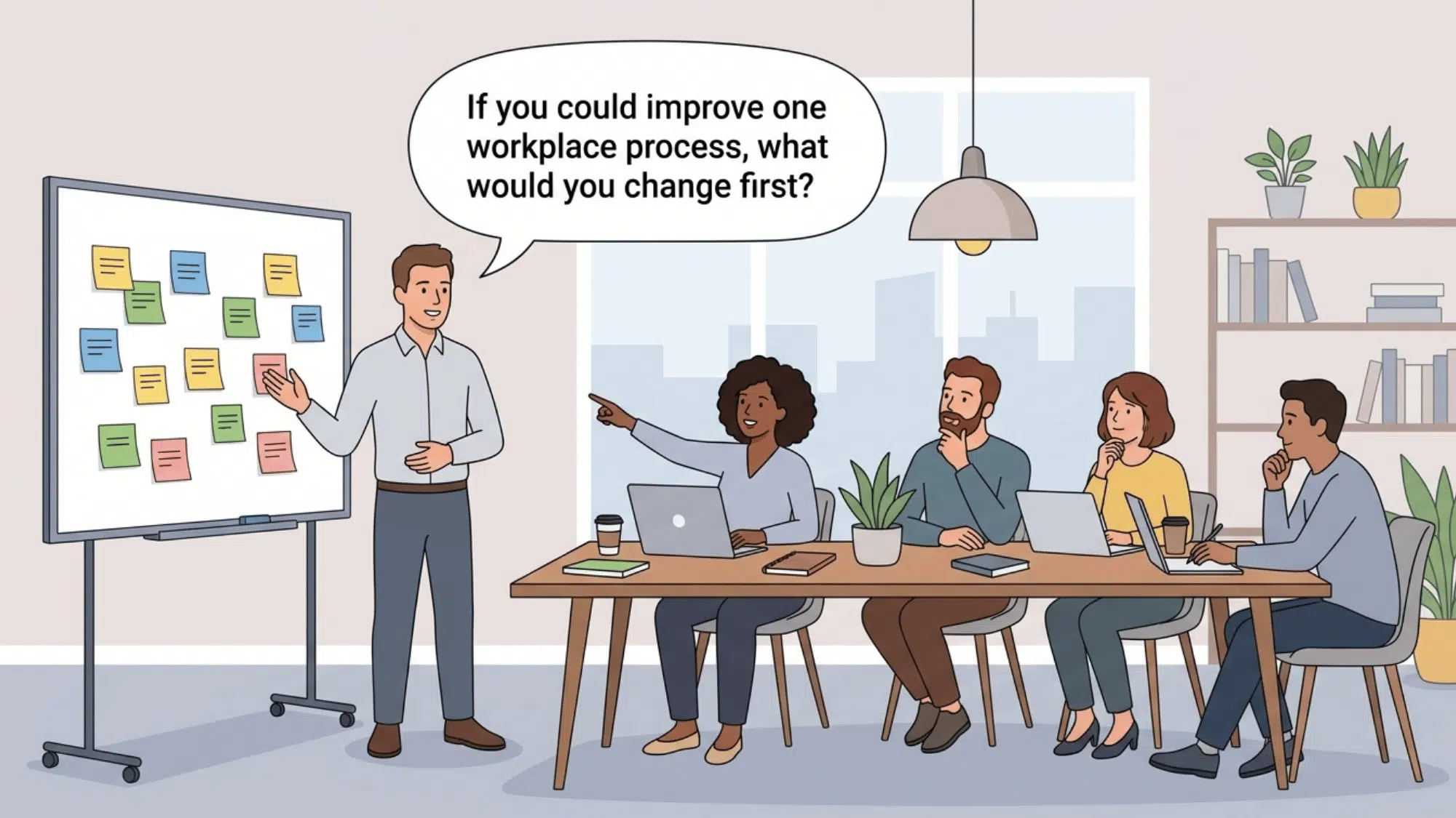 facilitator asks if you could improve one workplace process what would you change first during a brainstorming session