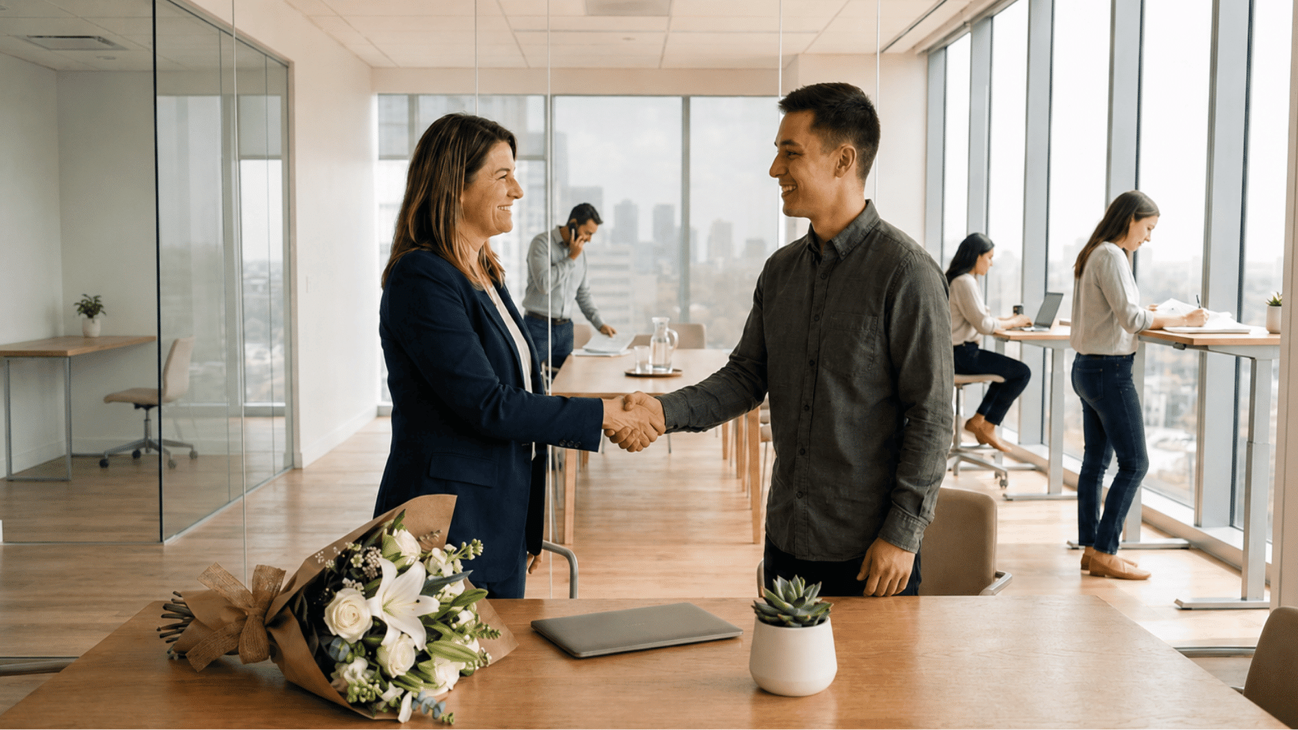 office manager congratulating employee with a handshake in a bright modern workspace during a work anniversary celebration