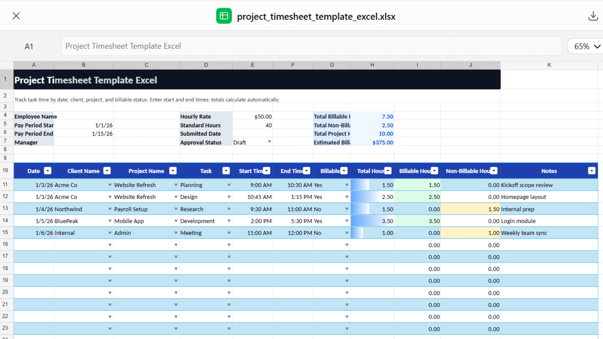Project timesheet template Excel with client, project, task, billable hours, non-billable hours, and notes columns.