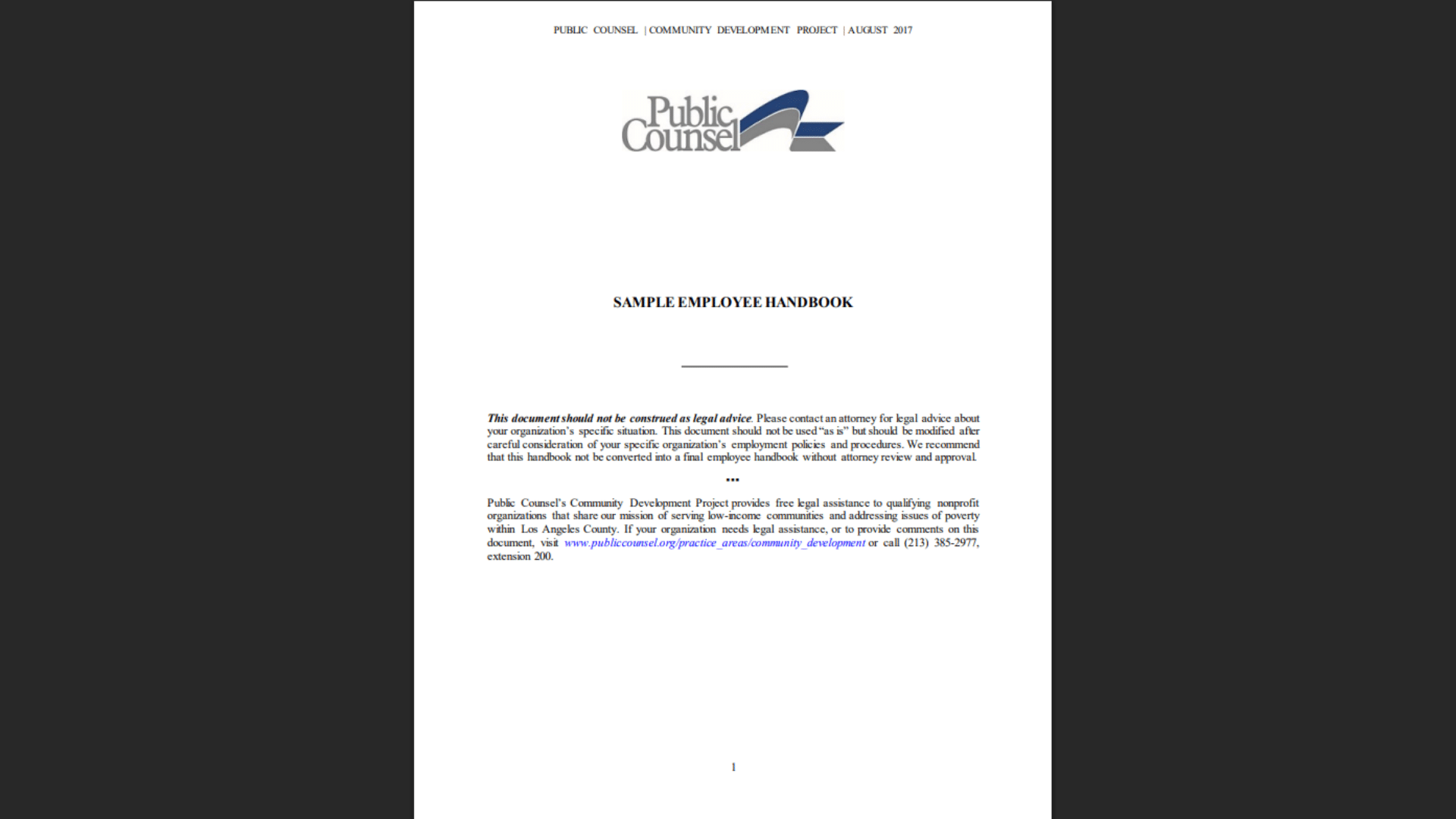 Public Counsel sample employee handbook cover page showing “Sample Employee Handbook” title with organization logo and disclaimer text.