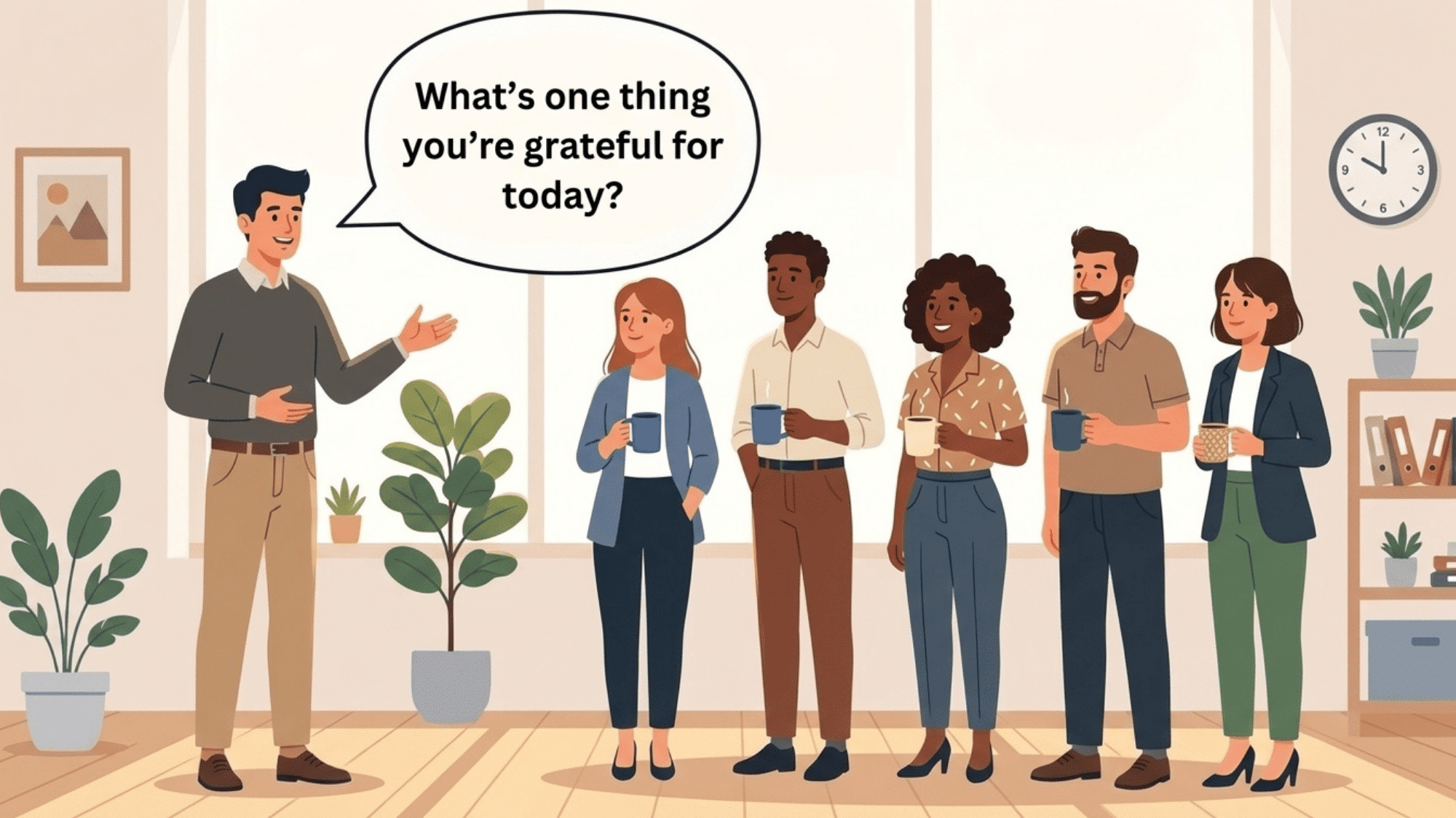 team leader asks what’s one thing you’re grateful for today during a quick workplace team check in before work