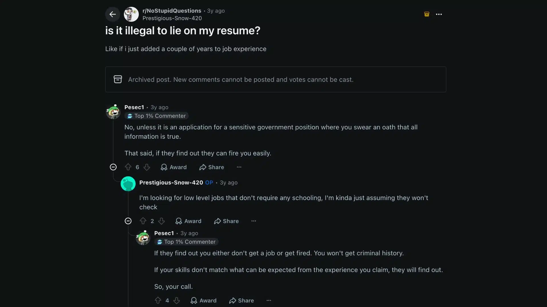 real reddit discussions where job seekers share experiences and opinions about lying on a resume and possible consequences.