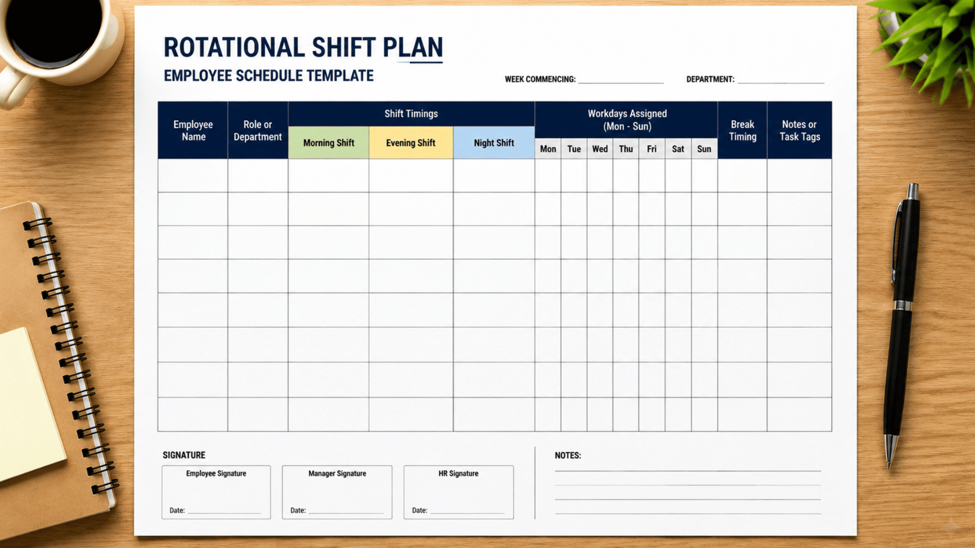 Rotational shift plan employee schedule template showing fields for employee details, shift timings, workdays, break timing, notes, and signature sections on a wooden desk.