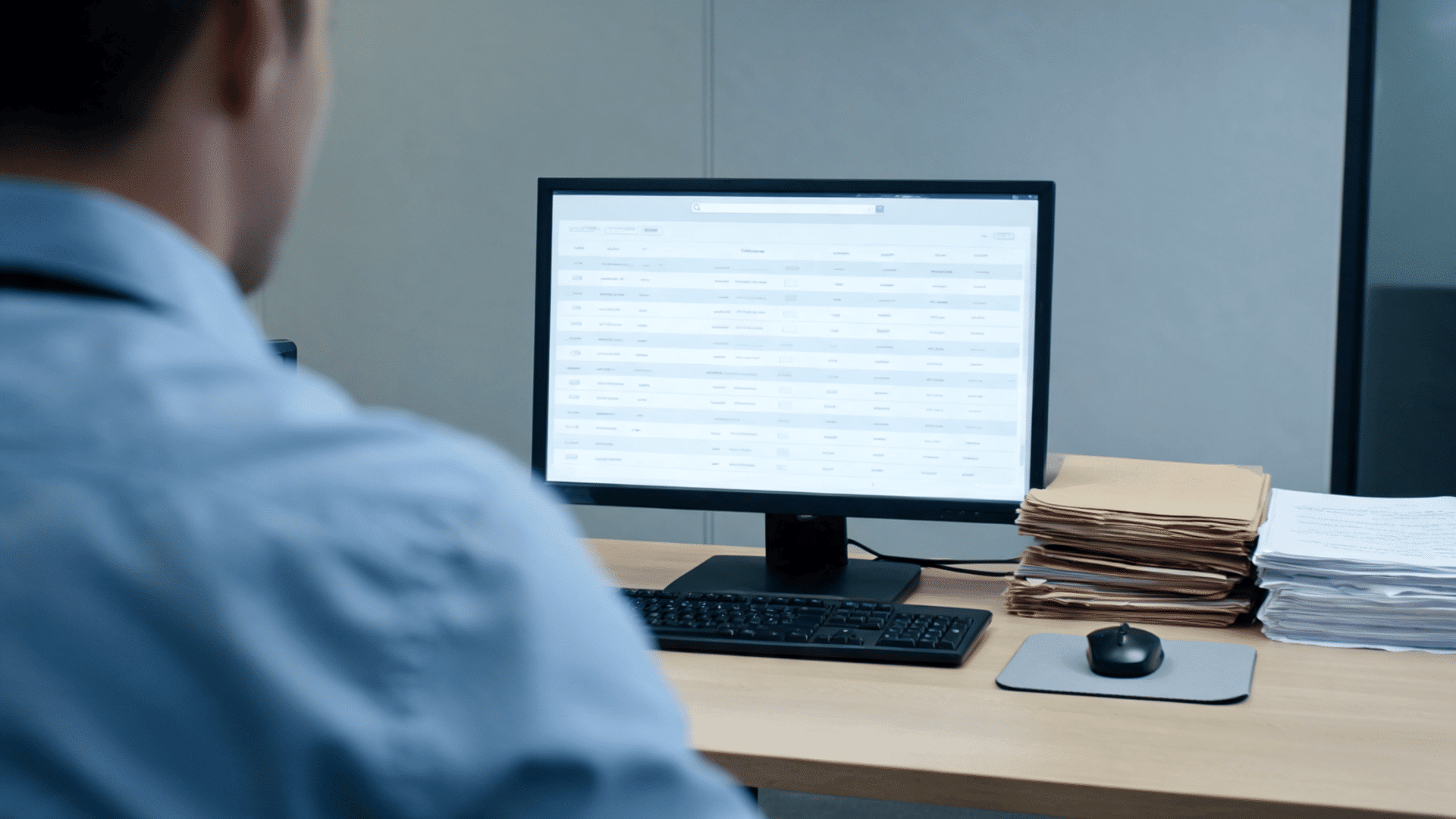 Computer and documents showing a background record search process on a desk