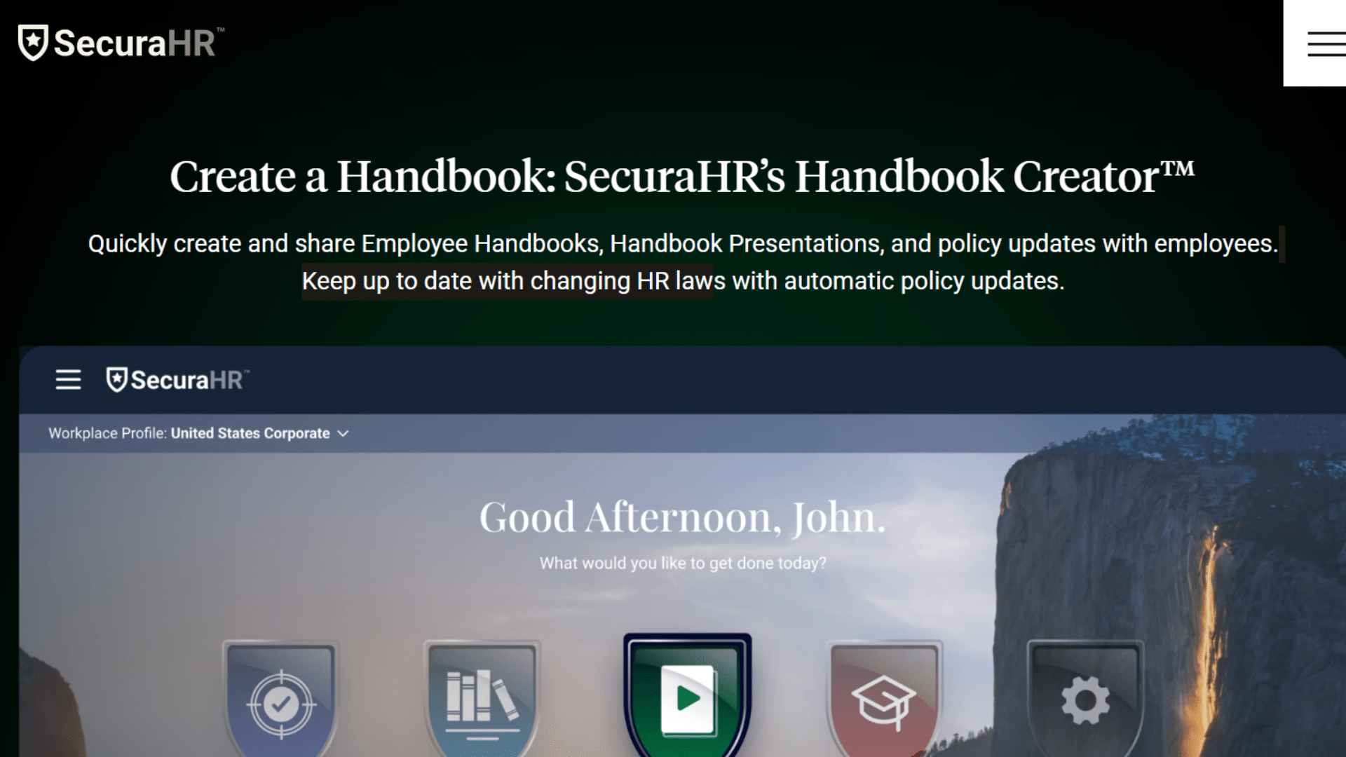 SecuraHR handbook creator webpage showing HR dashboard interface and headline about creating and managing employee handbooks with automated policy updates.