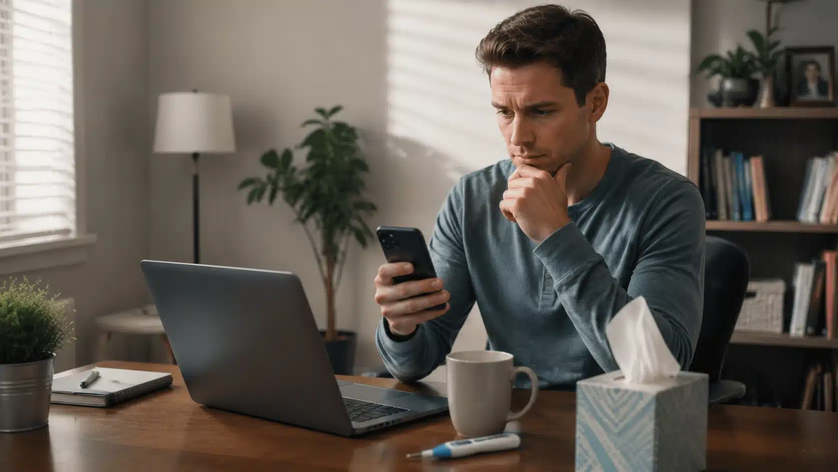 Employee preparing a professional sick day notification from home with phone, laptop, and health items on desk