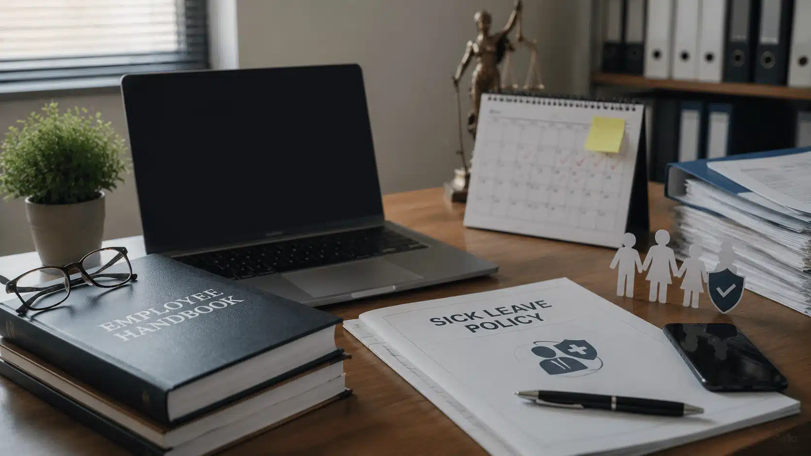 workplace sick leave rights represented through employee handbook and policy documents on desk