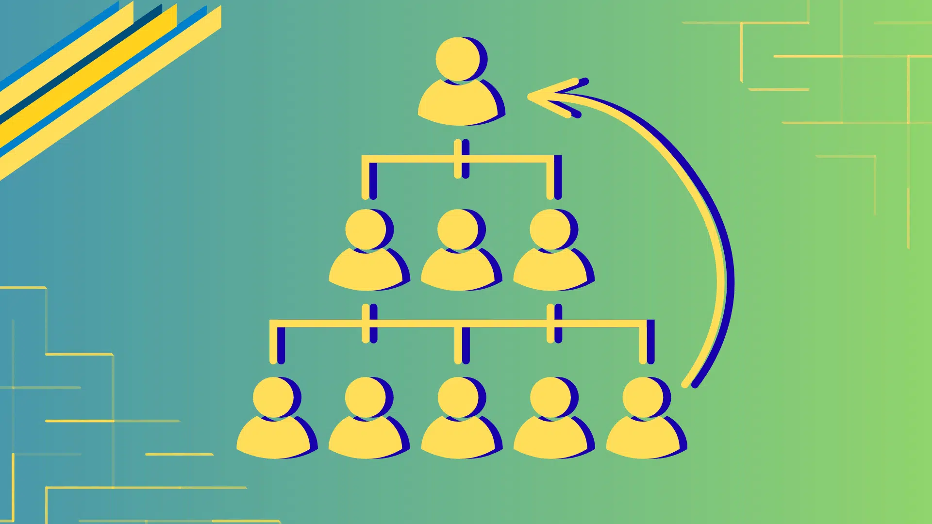 illustration of an org chart with an arrow connecting the bottom tier directly to the top