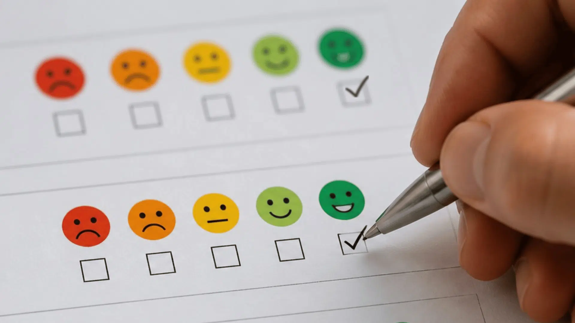 a hand checking the highest satisfaction rating on a feedback form with emoji faces