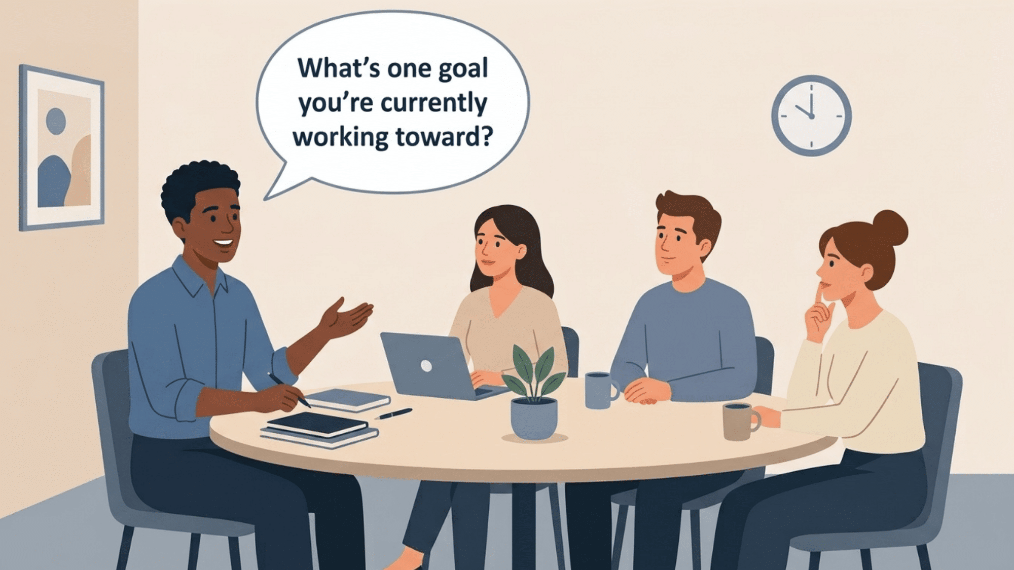 team member asks coworkers about a goal they are currently working toward in a small group discussion