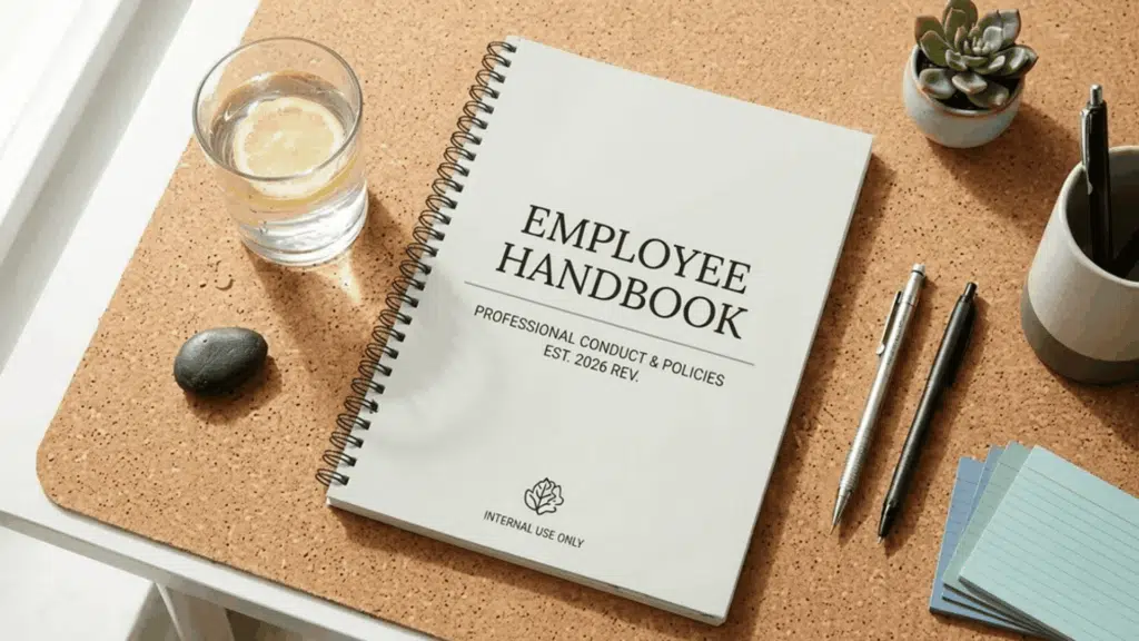 Spiral bound employee handbook notebook on a desk with stationery, drink glass, and small plant in a workspace setting.