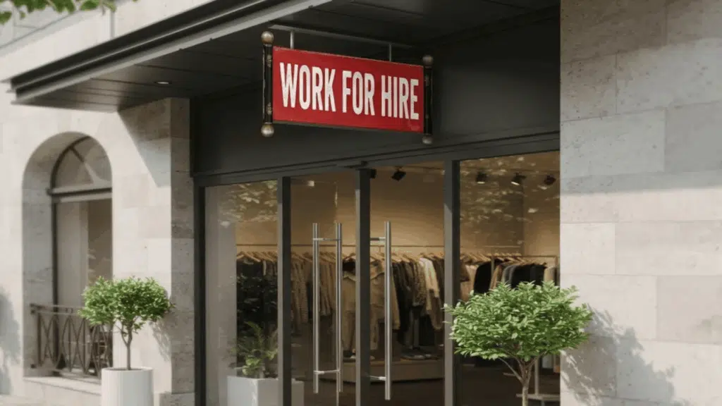 storefront-with-a-red-work-for-hire-sign-above-glass-doors-clothing-visible-inside-a-boutique