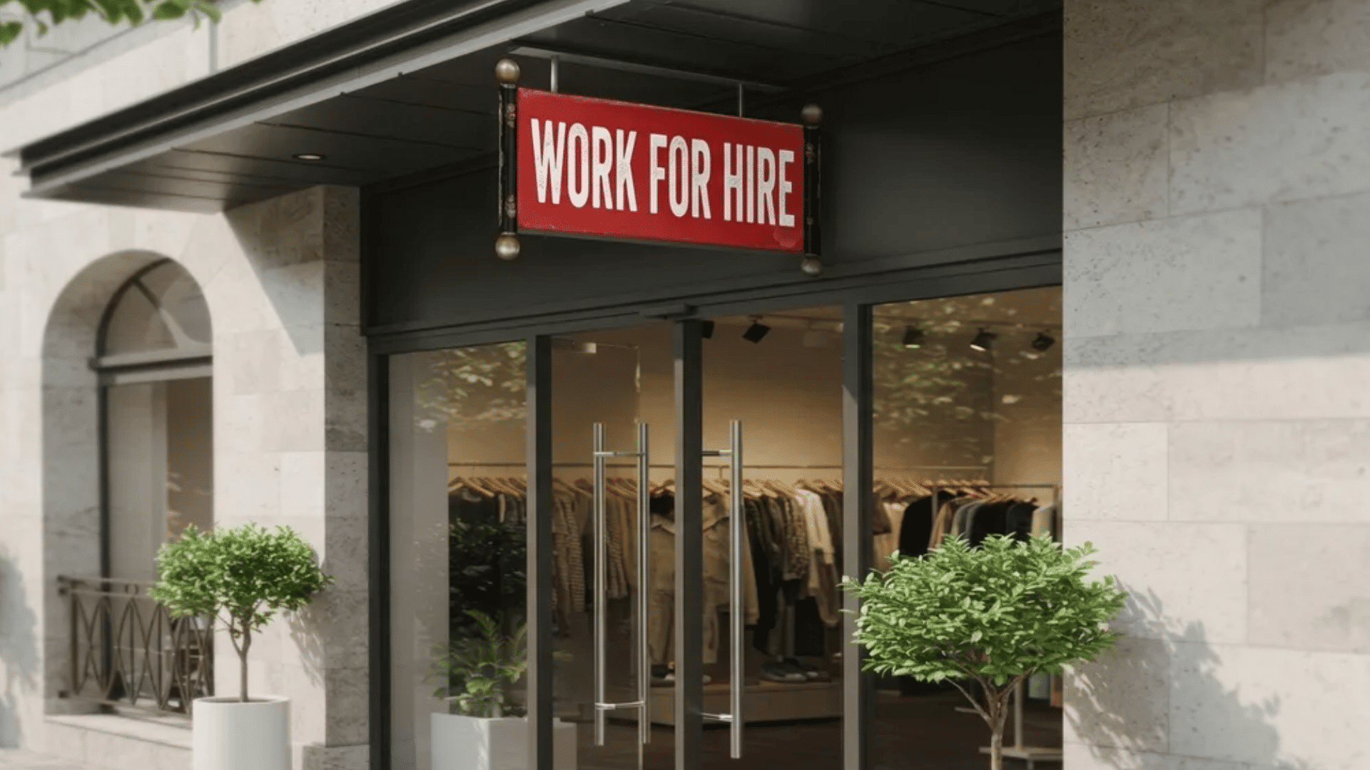 storefront-with-a-red-work-for-hire-sign-above-glass-doors-clothing-visible-inside-a-boutique