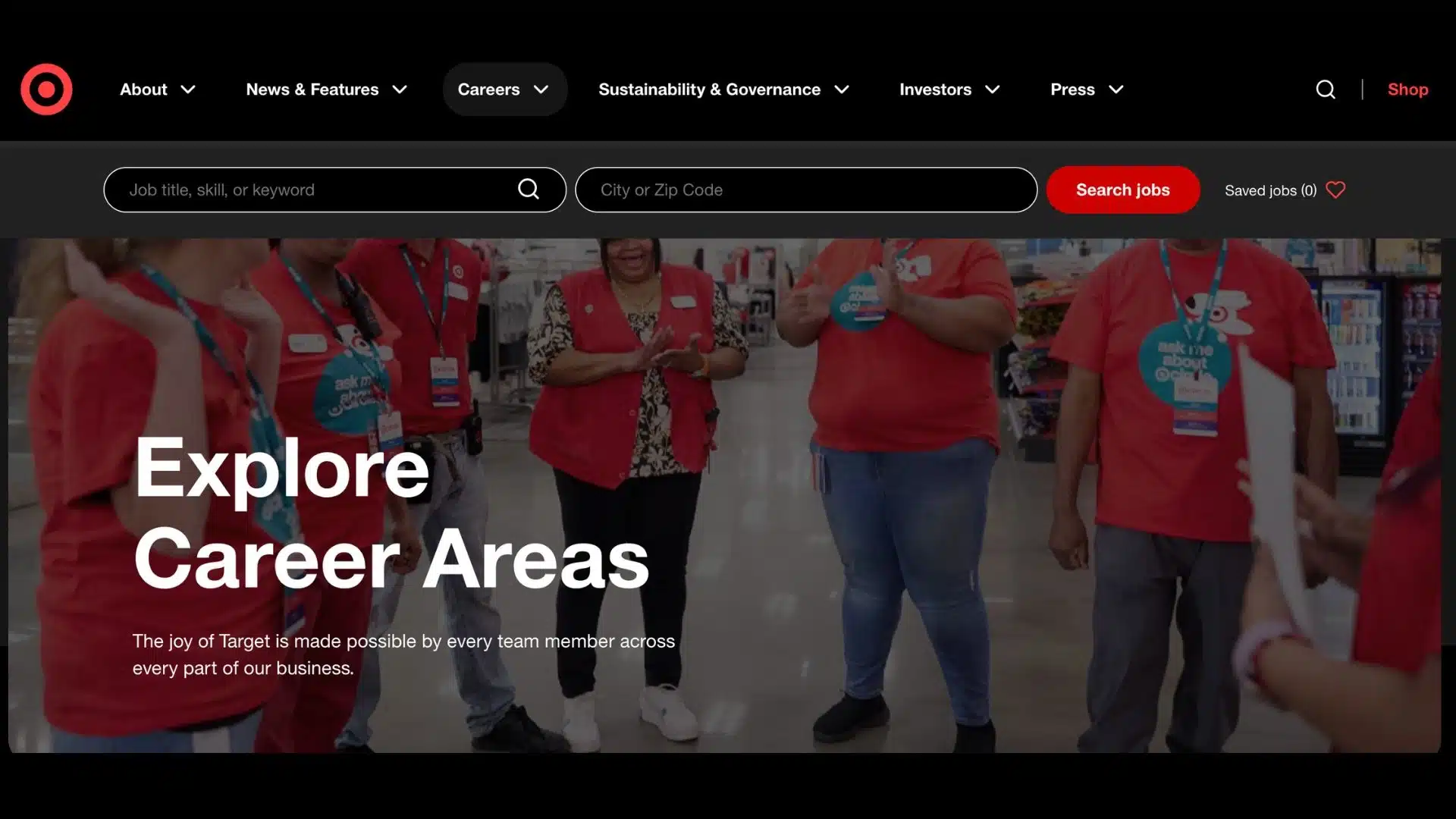 target careers webpage showing official job search portal