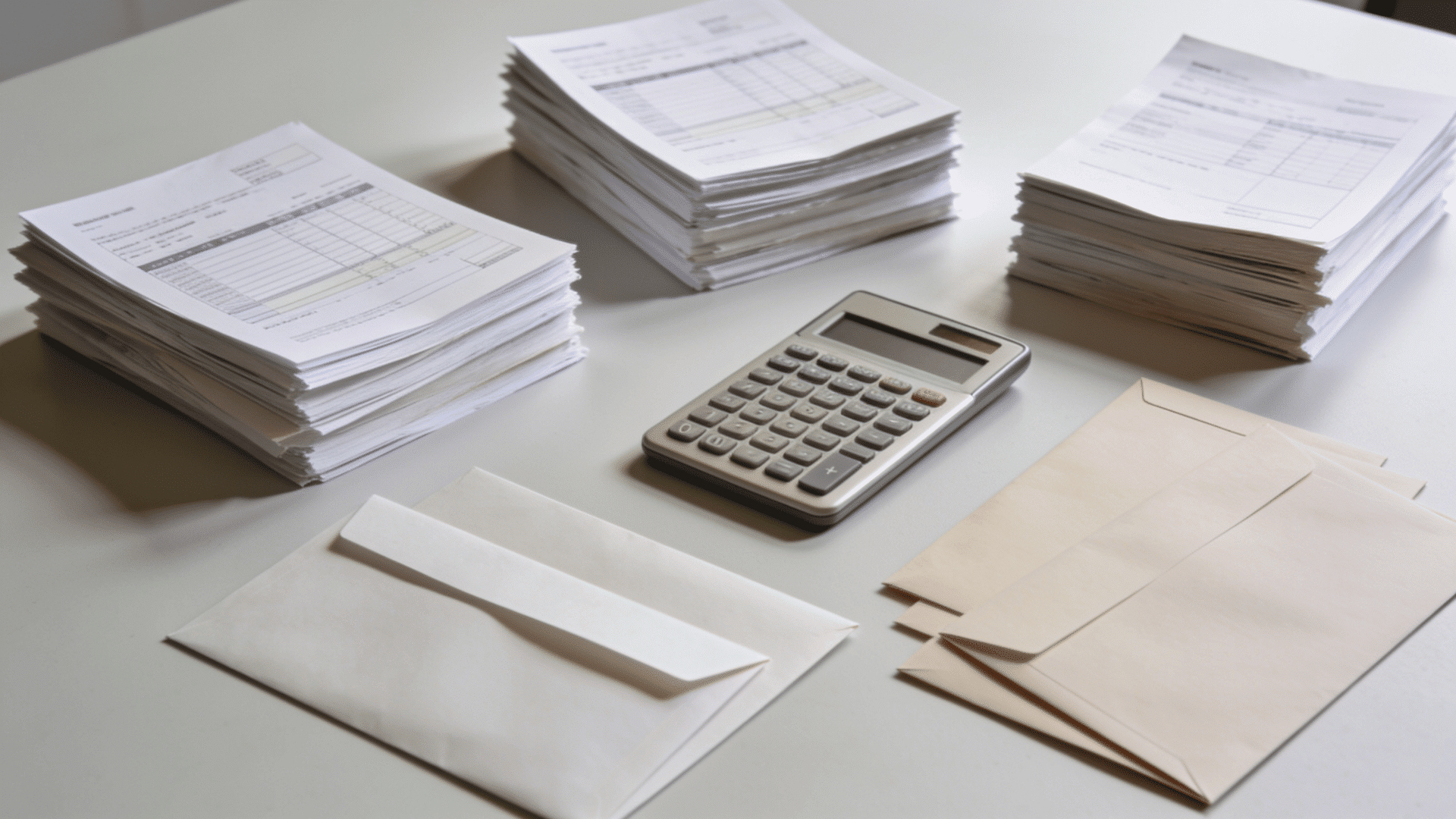 Three grouped stacks of financial papers, calculator, and envelopes arranged on a desk in sections