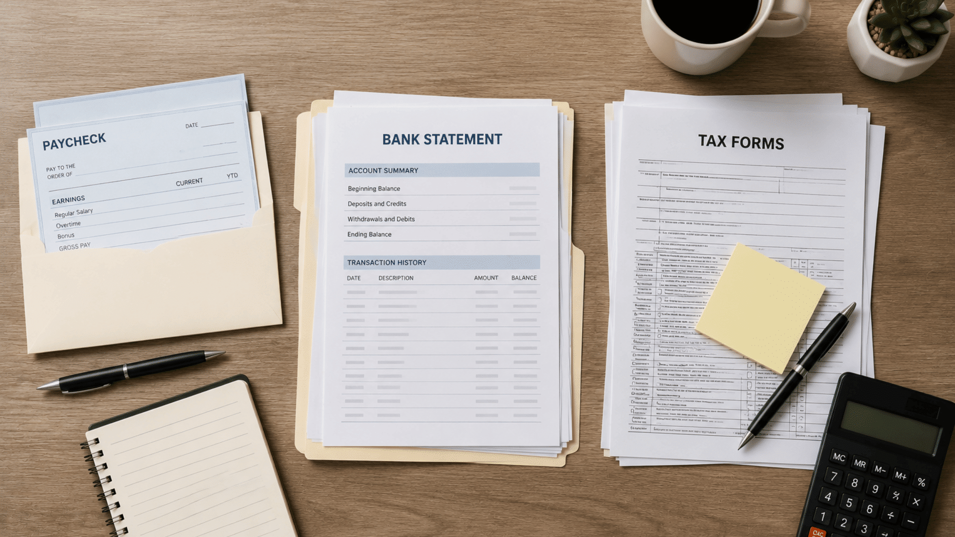 Paycheck envelope, bank statements, and tax forms arranged in three groups on a desk in a top-down view.