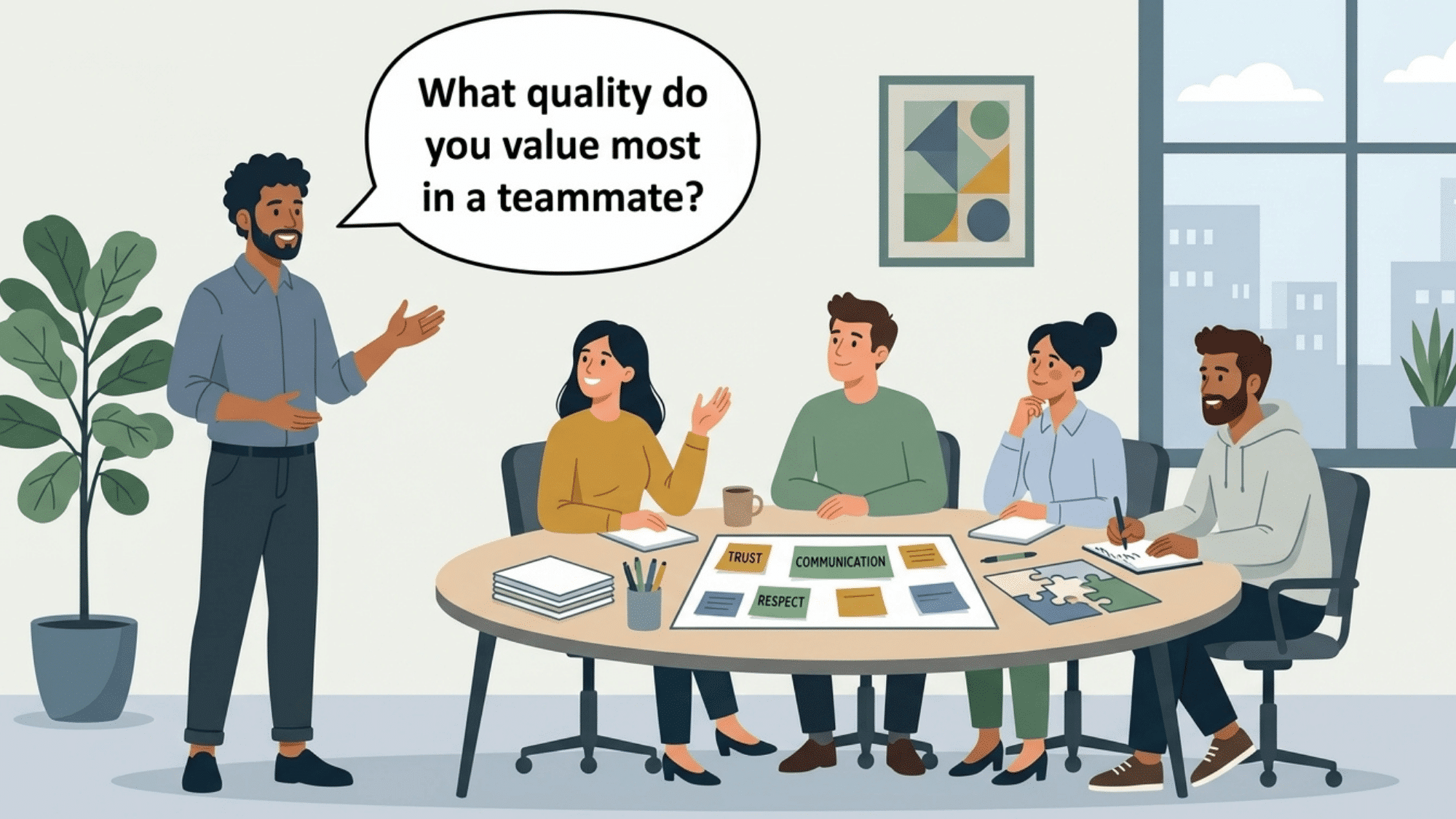 team facilitator asks coworkers what quality they value most in a teammate during a collaborative workshop