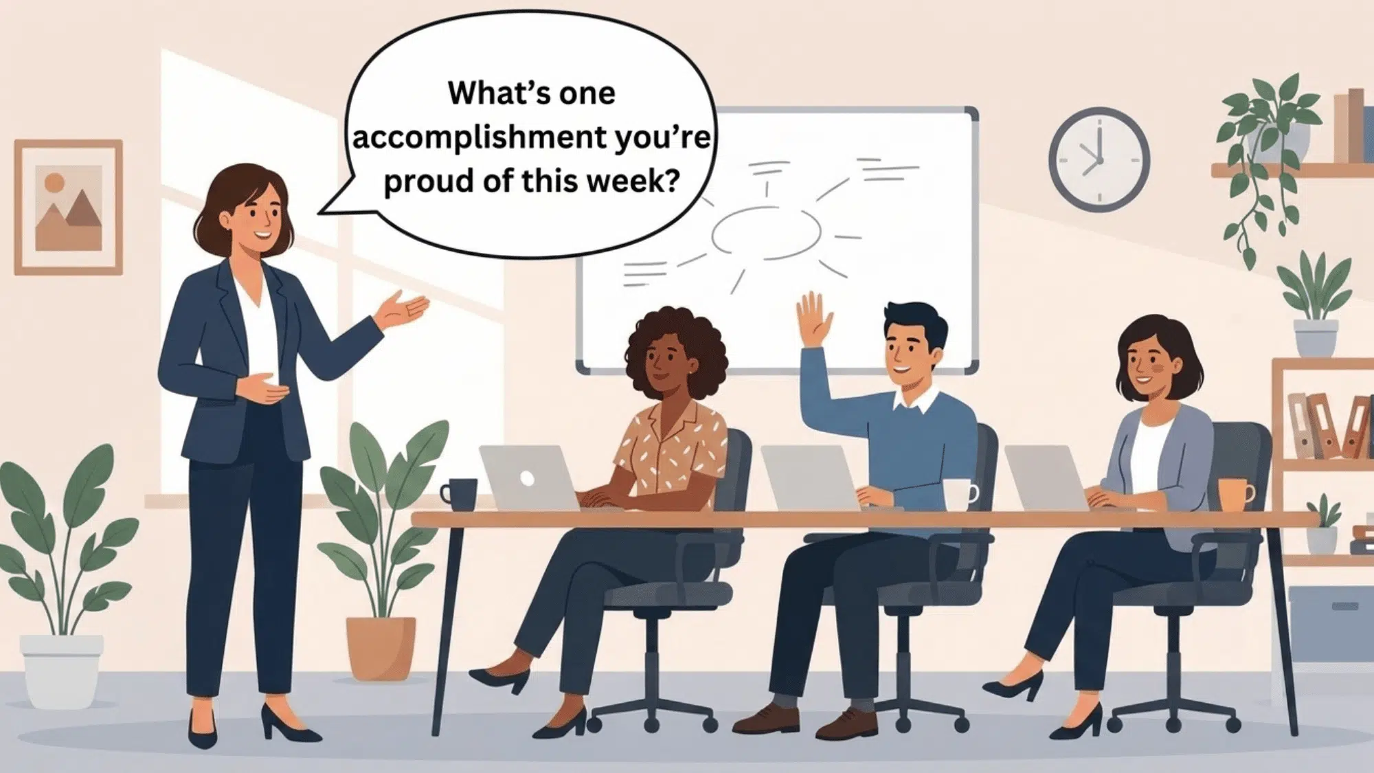 team leader asks what’s one accomplishment you’re proud of this week during a team meeting as coworkers share updates